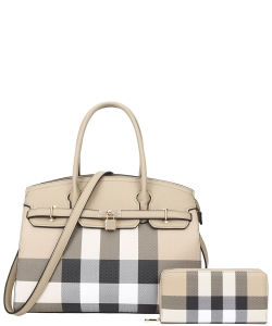 2 In1 Plaid Handle Bag with Wallet Set LM-8927-W KHAKI